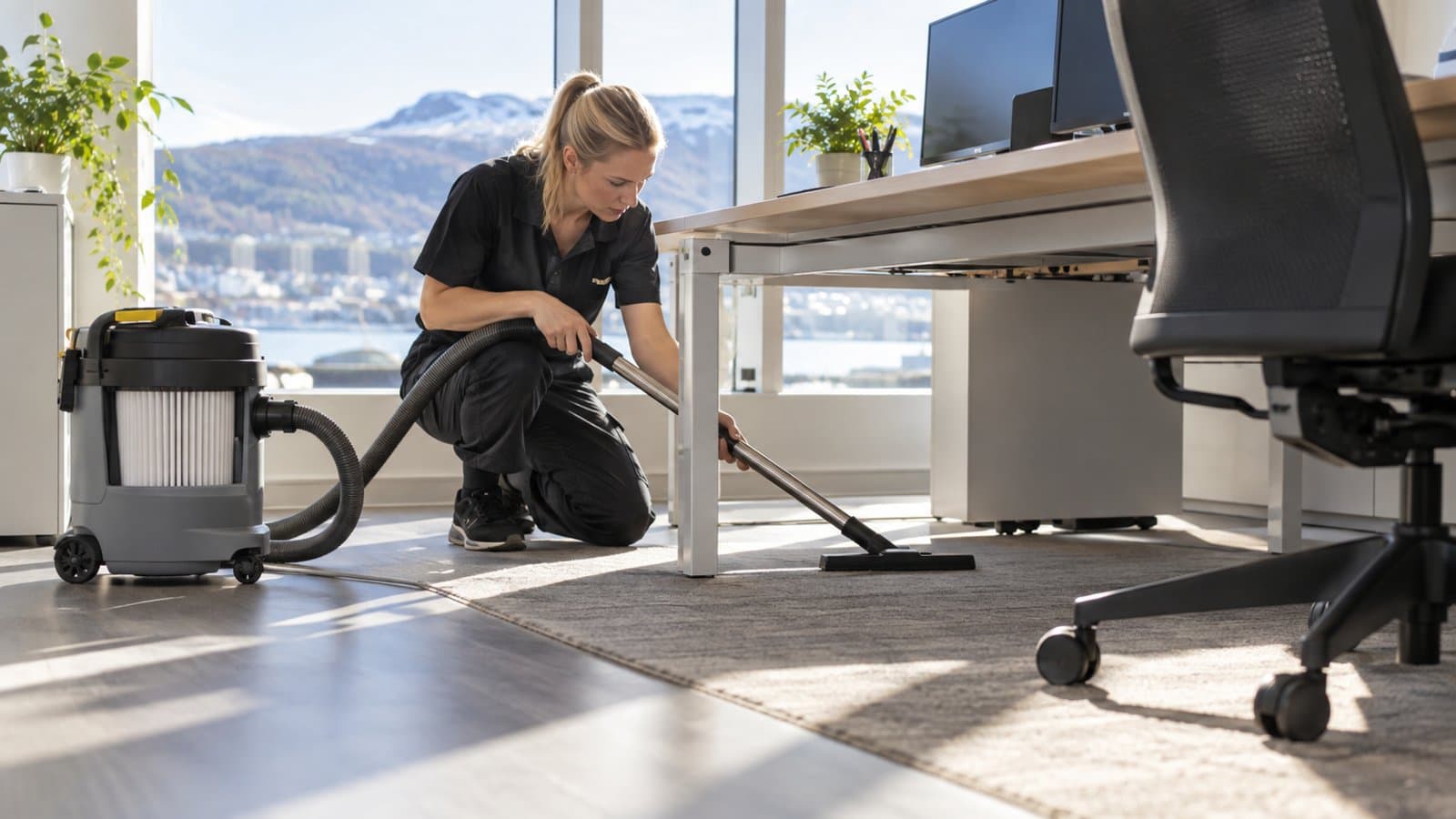 Støvsuging under en kontorpult – illustrasjonsbilde