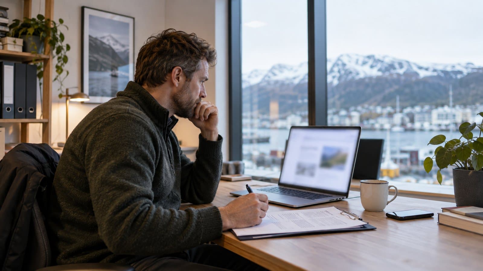 Innkjøper undersøker leverandør på en datamaskin – illustrasjonsbilde