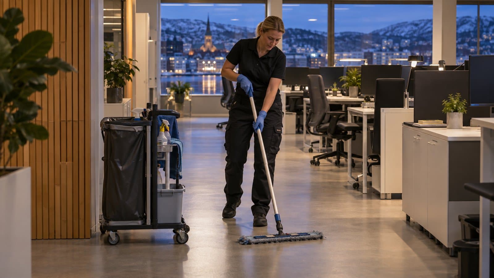 Renholder mopper gulvet mellom kontorpulter – illustrasjonsbilde