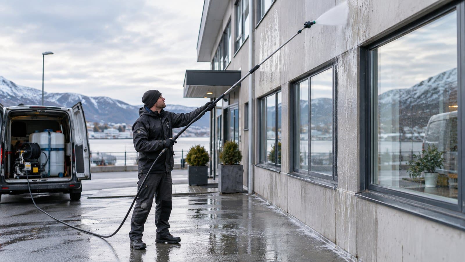 Fasadevask med teleskoputstyr fra bakken – illustrasjonsbilde
