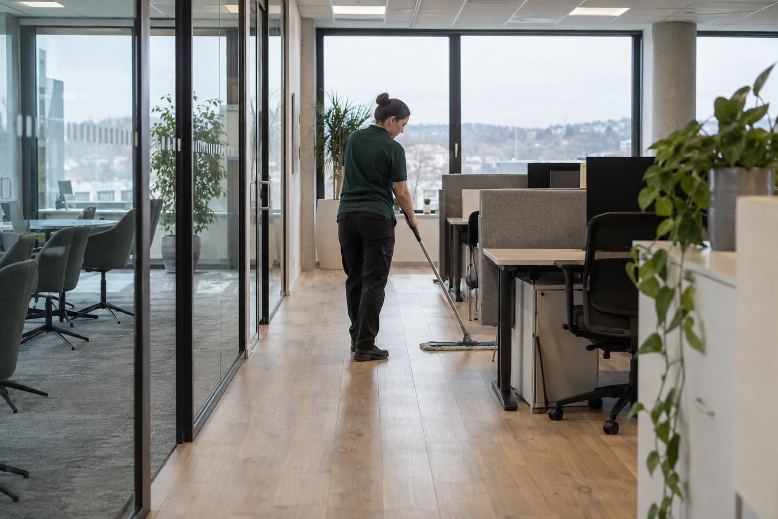Renholder mopper gulvet mellom arbeidsplasser og møterom i et kontorlokale
