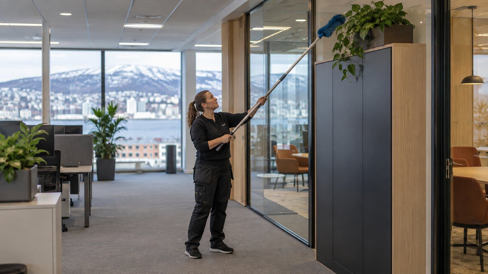 Støvtørking av høye flater med teleskoputstyr – illustrasjonsbilde
