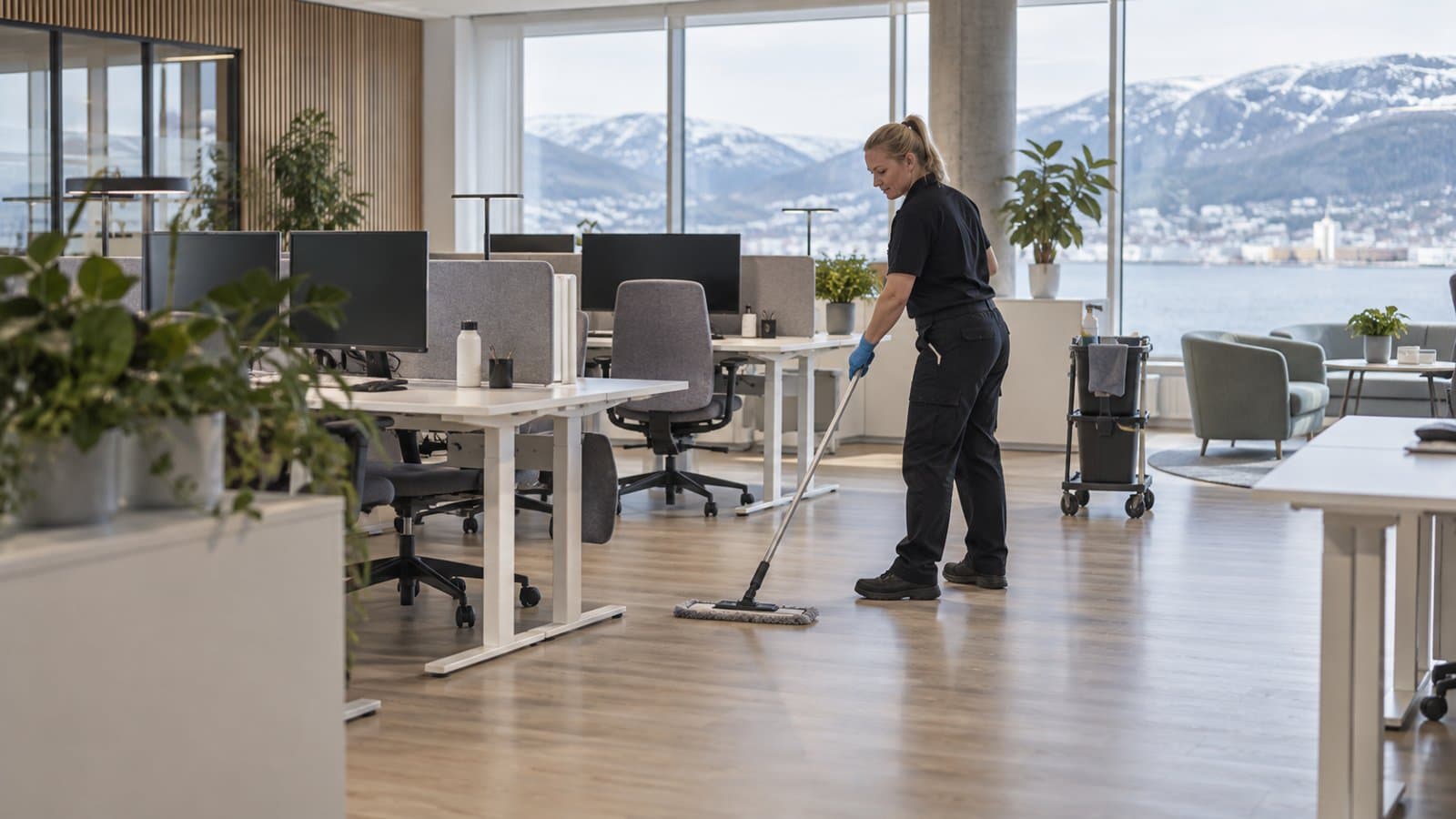 Renhold mellom arbeidsplasser i et åpent kontorlandskap – illustrasjonsbilde