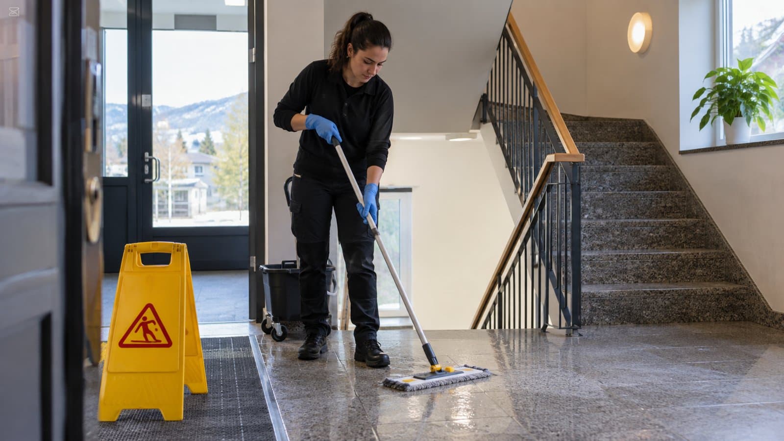 Trappevask med varselskilt i en boligoppgang – illustrasjonsbilde