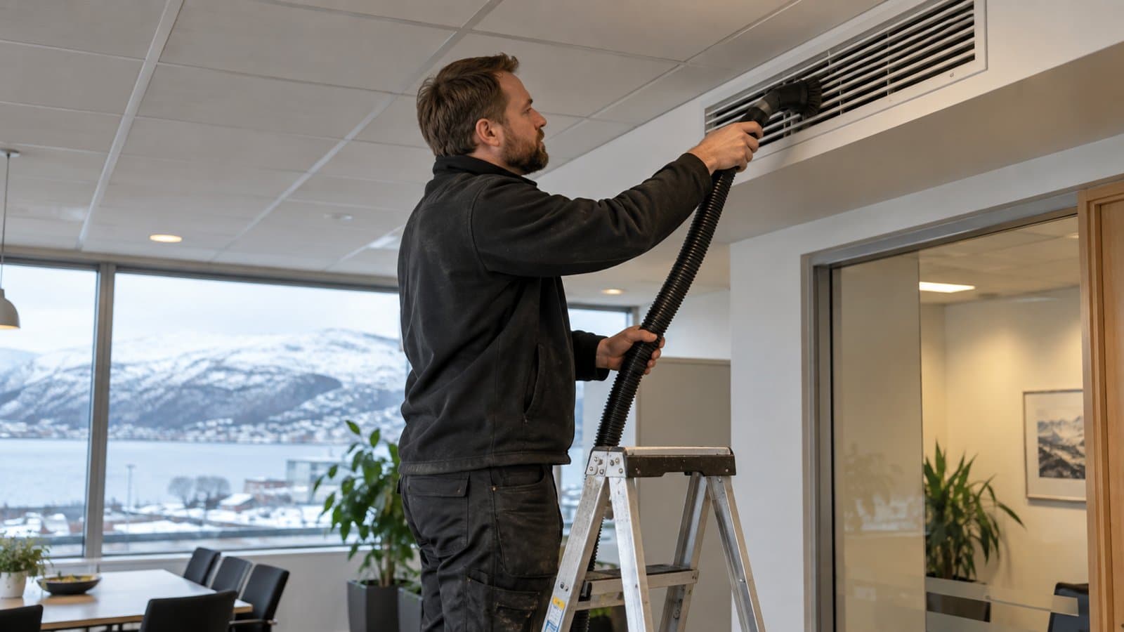 Tekniker rengjør ventilasjonsrist – illustrasjonsbilde